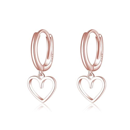 Reffeer Solid 925 Sterling Silver Heart Drop Earrings Hoop for Women Teens Heart Hoop Earrings Huggie Drop Earrings - color: C-Rose