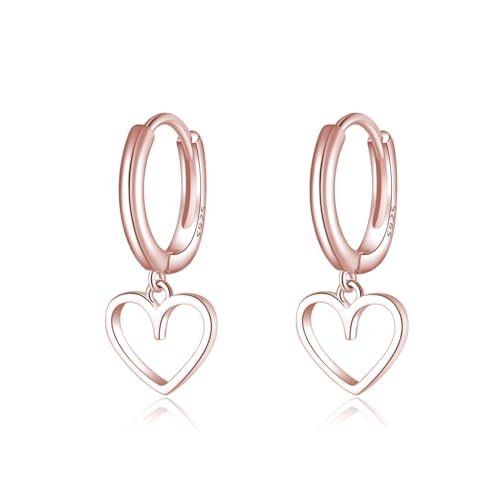 Reffeer Solid 925 Sterling Silver Heart Drop Earrings Hoop for Women Teens Heart Hoop Earrings Huggie Drop Earrings - color: C-Rose