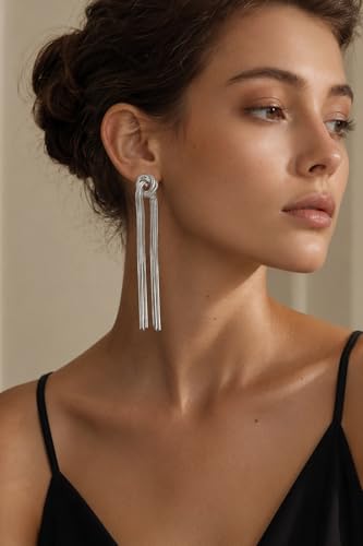 Gold Dangle Earrings for Women Trendy, 14K Gold Plated Long Chain Drop Earrings Hypoallergenic Statement Tassel Earrings Elegant Wedding Prom Fashion Jewelry for Women - color: Silver