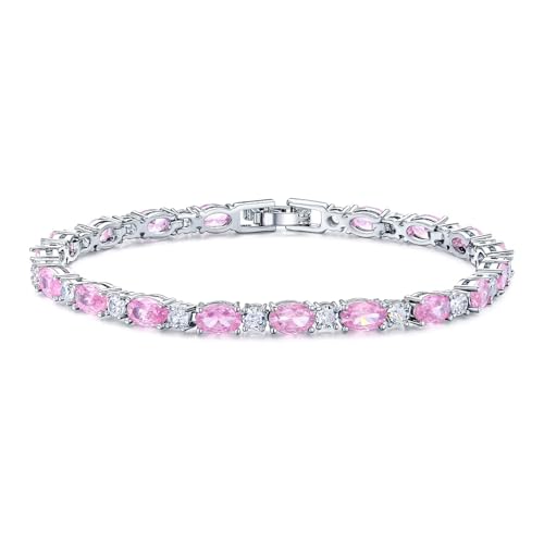 Classic Oval Birthstone Tennis Bracelet for Women - 4 * 6mm Cubic Zirconia Tennis Bracelet Jewelry Birthday Anniversary Wedding Valentine's Day Gift for Her Wife Girlfriend Mom-Size 7.0" - color: 10-Oct-Pink