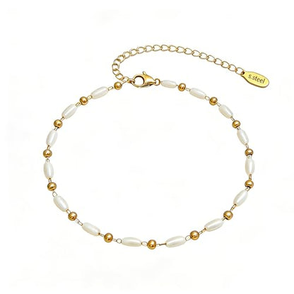 Waterproof Anklet 18K Gold/Sterlings Silver Plated Stainless Steel Ankle Bracelets for Women Figaro Pearls Chain Summer Beach Foot Jewelry 8.5+2Inches - color: Pearl with beaded,Gold