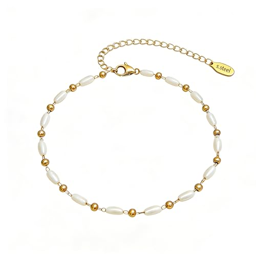Waterproof Anklet 18K Gold/Sterlings Silver Plated Stainless Steel Ankle Bracelets for Women Figaro Pearls Chain Summer Beach Foot Jewelry 8.5+2Inches - color: Pearl with beaded,Gold
