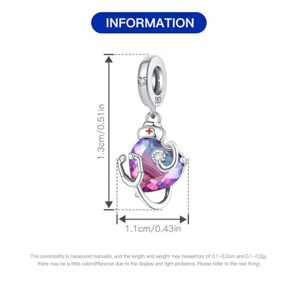 CYCUFF 925 Sterling Silver Charms Suitable for Charm Necklaces, Bracelet Pendants Beads Jewellery Gift for Women - color: Nurse Stethoscope Gradient Heart Charm