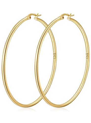 2mm Thin 14K Gold Plated Large S925 Sterling Silver Hoop Earrings for Women Hypoallergenic Big Hoop Non Tarnish Earrings Lightweight 20/30/40/50/60/70mm - color: Gold-40mm