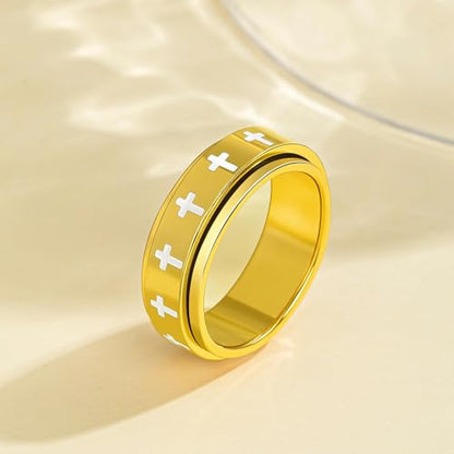 Fidget Anxiety Spinner Rings for Women | 14K Gold Silver Plated, 8mm Thick Stainless Steel Band Ring, Statement Cross Flower Spinning Rings, Jewelry Gifts, Size 6-10 - color: Gold-Cross