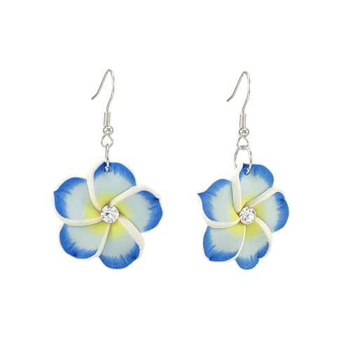 Floral Dangle Earrings for Women Hawaiian Tropical Plumeria Rubra Flower Drop Earrings with Cubic Zirconia Luau Beach Party Vacation Hawaiian Accessories Jewelry Gift - color: Light Blue