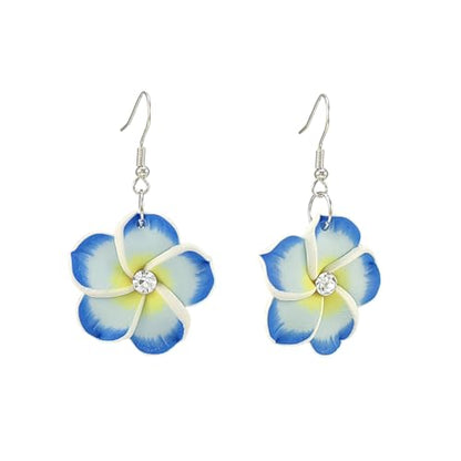 Floral Dangle Earrings for Women Hawaiian Tropical Plumeria Rubra Flower Drop Earrings with Cubic Zirconia Luau Beach Party Vacation Hawaiian Accessories Jewelry Gift - color: Light Blue