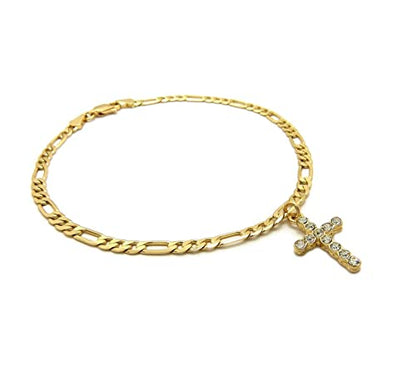 WOMEN'S GOLD PLATED BRASS CZ STONES CROSS CHARM & 3mm 10" FIGARO CHAIN FASHION ANKLET BRACELET