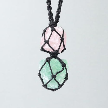 Anjiucc Handmade Crystal Cage Holder with Raw Gemstone Pendant Necklace Natural Stone Healing Crystal Necklace Adjustable Length - color: Green Fluorite+Rose Quartz