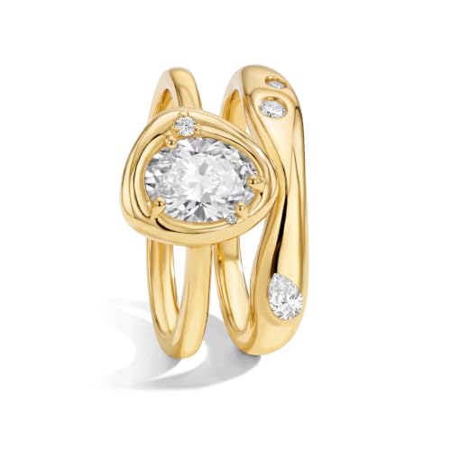 18K Gold & Silver Plated Stackable Ring Set for Women, CZ Curved Wave Stacking Bands, Statement Promise Rings for Wedding Engagement, Trendy Dainty Jewelry Gift - color: Gold 3