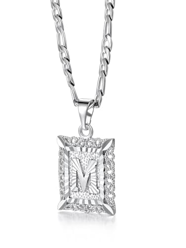 U7 Initial Letter Necklace for Men Women, 14K Gold/Silver Plated Square Capital Monogram Pendant Necklace from A-Z with 22+2 Inch Figaro Chain, Personalized Jewelry for Him - color: Silver, style: M
