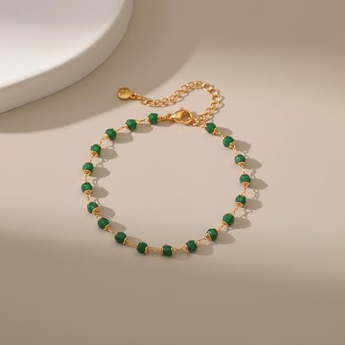 Dainty Gold Bracelets for Women, 18 Gold Plated Adjustable Evil Eye/Butterfly/Beaded/Pearl/Heart/Turquoise Handmade Bracelet for Women - style: Emerald Bead