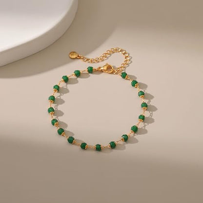 Dainty Gold Bracelets for Women, 18 Gold Plated Adjustable Evil Eye/Butterfly/Beaded/Pearl/Heart/Turquoise Handmade Bracelet for Women - style: Emerald Bead