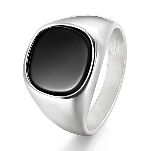 TRUMIUM 18K Gold Plated Signet Rings for Men Women Black Onyx inlay Silver Gold Wedding Bands Lightweight Thick Statement Ring Comfort Fit Size 7-13 - color: Square Silver Plated