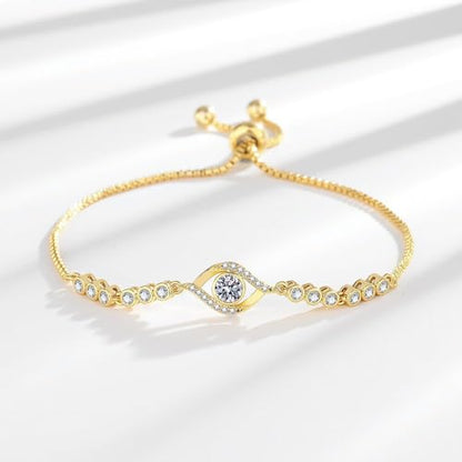 Solid 14K Gold Over 925 Silver Moissanite Evil Eye Bracelet for Women,Dainty Round Cut Moissanite Devil’s Eye Chain Bracelet,Lucky Jewelry Gift for Her,Adjustable 8" to 9" - color: Yellow Gold