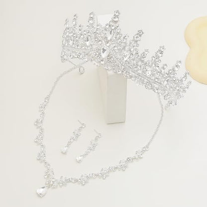 Crystal Crown Jewelry Set for Women Bride Queen Tiara Earrings and Necklace | Metal Royal Crown Costume Jewelry Set Wedding Prom Quinceanera Party Pageant Halloween Retirement Christmas Birthday Gift - color: Silver