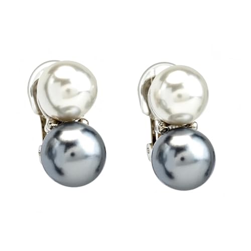 14mm Double Pearl Earring with 2 Crystal Accents, Gold or Silver Setting. Pierced or Clip - color: White & Gray