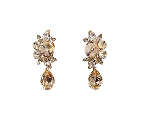 Faship Statement Dangling Floral Clip On Earrings For Women - color: Champagne / Rose Gold Plated