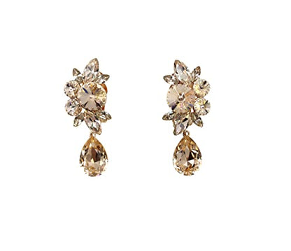 Faship Statement Dangling Floral Clip On Earrings For Women - color: Champagne / Rose Gold Plated