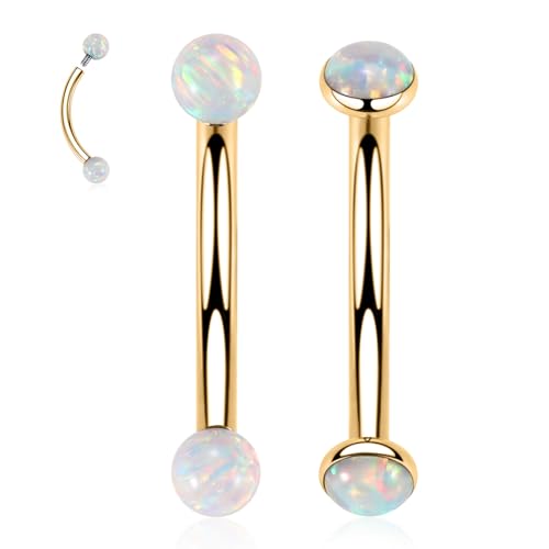 G23 Titanium Eyebrow Piercing Jewelry Eyebrow Rings Curved Barbell 16G Eyebrow Belly Button Ring Navel Rings Rook Daith Earrings Lip Ring Eyebrow Jewelry 6mm-12mm - color: 2PCS,Ball Shape White Opal+Disc Shape White Opal,Gold
