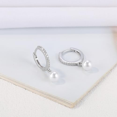 Solid 925 Sterling Silver Faux Pearl Dangle Hoop Earrings for Women, Dainty Drop Huggie Earrings with Charm Jewelry Gift for Her - color: Silver