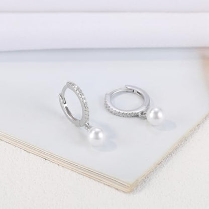 Solid 925 Sterling Silver Faux Pearl Dangle Hoop Earrings for Women, Dainty Drop Huggie Earrings with Charm Jewelry Gift for Her - color: Silver