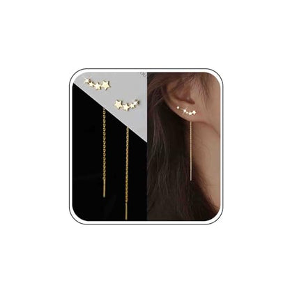 Boho Wedding Tiny Cz Star Threader Earrings Gold Pull Through Earrings Thread Dainty Long Chain Tassel Dangle Small Crystal Climber Simple Crawler Stud Line Bar Chain Drop Delicate Minimalist Women