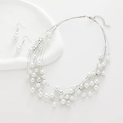 FULU AUTUMN Layered Pearl Necklace Multi-strand Pearl Choker Necklaces for Women Beaded jewelry for Wedding Parties - color: 37-White