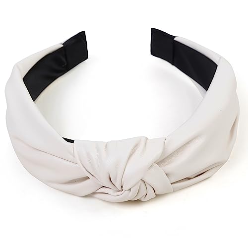 Huachi Leather Headbands for Women - Knotted Fashion Top Knot Headband, Creamy White Hairband for Girls - Hair Accessories - color: Cream White