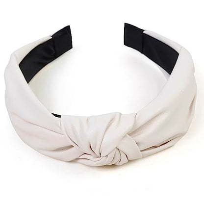 Huachi Leather Headbands for Women - Knotted Fashion Top Knot Headband, Creamy White Hairband for Girls - Hair Accessories - color: Cream White