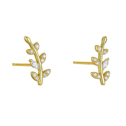 Rnivida 925 Sterling Silver Dainty Cz Climber Stud Earrings, Hypoallergenic Small Cubic Zirconia Ear Crawler Earring for Women - color: Leaf - Gold