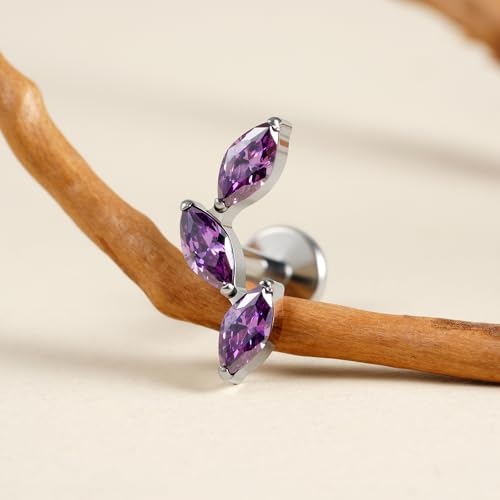 FINE4U 16G CZ Cluster Climber Cartilage Earring for Helix, Tragus - ASTM F136 Titanium Triple Marquise Labret Stud, Screw on Nickel Free Flat Back Jewelry - color: Triple Marquise - Amethyst CZ - Tit
