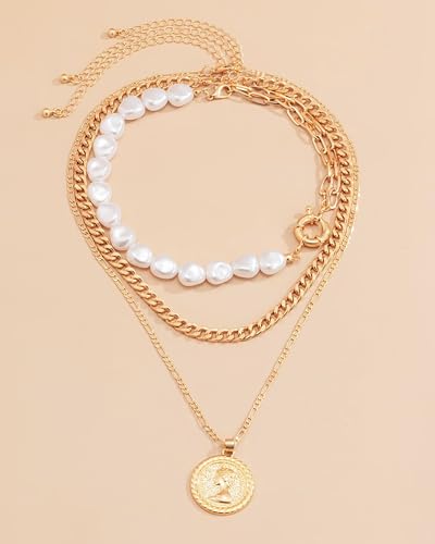 Gold Layered Necklaces for Women Chunky Layered Gold Necklaces Stacked Paperclip Chain Pearl Necklace Herringbone Toggle Clasp Choker Trendy Statement Jewelry Gifts - color: A2:gold layered necklace