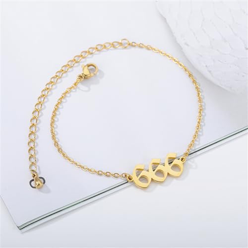 PAURO Women's Angel Number Bracelet Ankle Anklet Chain Adjustable | Stainless Steel, Minimalist Numerology Spiritual Statement Jewelry Gift - color: Gold 666, 5.5+2.8inch