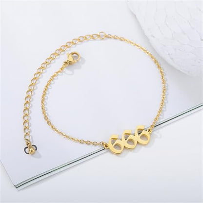 PAURO Women's Angel Number Bracelet Ankle Anklet Chain Adjustable | Stainless Steel, Minimalist Numerology Spiritual Statement Jewelry Gift - color: Gold 666, 5.5+2.8inch