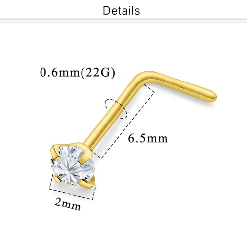 Nose Studs Surgical Steel Nose Rings Studs with Cubic Zirconia 10Pcs Tiny Nostril Rings for Women Screw Bone and L-Shaped Nostril Piercing Jewelry 24G 22G 20G 18G - color: goldtone,L shaped nose studs, size: 22g,2.0mm Clear CZ