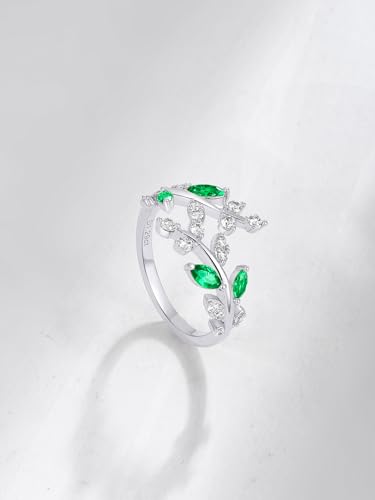Silver Leaf Ring for Women 925 Sterling Silver Yellow Gold Plated CZ Inlaid Marquise Sapphire/Ruby/Emerald Cocktail Rings Size 6 to 10 - color: Emerald - Silver