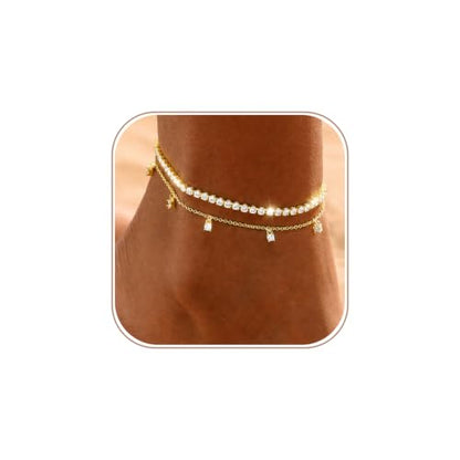 Gold Anklets for Women -14K Gold Plated 2-Strand Layered Ankle Bracelet Waterproof Tarnish Resistant Hypoallergenic Adjustable 8"+2.5" Minimalist Beach Jewelry Gift - style: Stack Anklet 03-GD