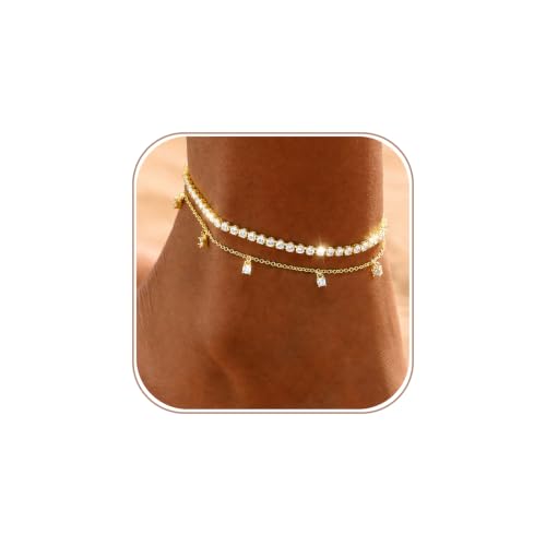 Gold Anklets for Women -14K Gold Plated 2-Strand Layered Ankle Bracelet Waterproof Tarnish Resistant Hypoallergenic Adjustable 8"+2.5" Minimalist Beach Jewelry Gift - style: Stack Anklet 03-GD