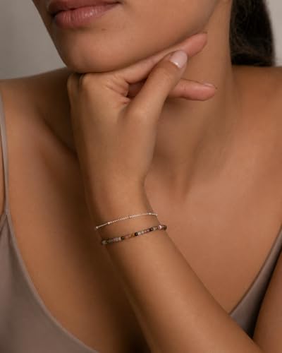 Bracelet Stack for Women, Set of 2 Bracelets, 925 Sterling Silver Satellite Chain, Natural Gemstones Beaded Strand, 6.5"+1" Extender Chain