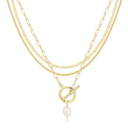 MFRYK Gold/Silver Necklaces Stack For Women,14K Gold/Sterling Silver Plated Simple Layered Choker Necklaces For Women,Stackable Multilayer Pearl Cross Disc Circle Pendant Cuban Herringbone Snake Paperclip Chain Necklaces Set Jewelry Gift for Women - style