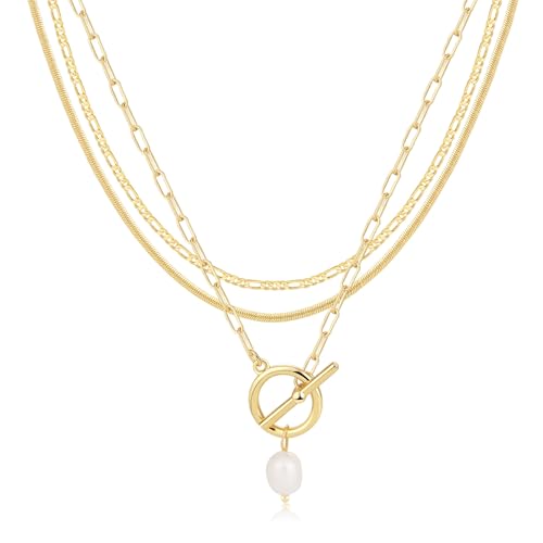 MFRYK Gold/Silver Necklaces Stack For Women,14K Gold/Sterling Silver Plated Simple Layered Choker Necklaces For Women,Stackable Multilayer Pearl Cross Disc Circle Pendant Cuban Herringbone Snake Paperclip Chain Necklaces Set Jewelry Gift for Women - style