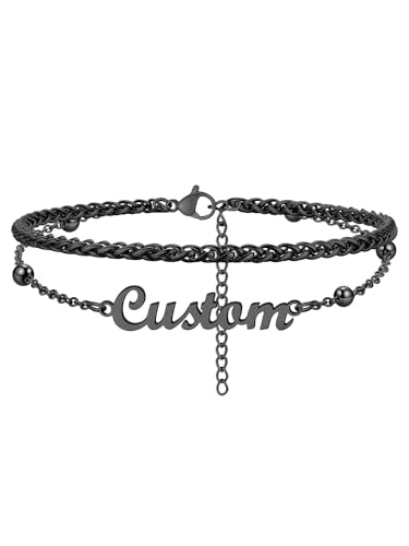 Custom4U Custom Name Anklet Bracelets for Women Waterproof Beaded/Figaro/Cuban/Rope/Wheat Chain Anklet Stackable Gold Plated Non Tarnish Custom Beach Gift Barefoot Summer Jewelry for Her - color: D03-Black Wheat Chain