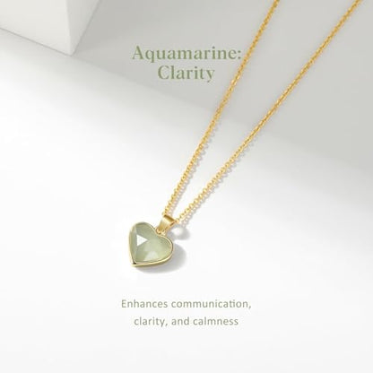 KissYan Healing Crystal Necklace, 14K Gold Plated Natural Stone Pendant Necklace Reiki Quartz Amethyst Citrine Gemstone Spiritual Jewelry Gifts for Women Girls - color: A-Aquamarine-Heart