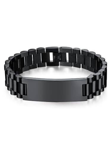 ChainsHouse Men Stainless Steel Bracelet Adjustable Custom ID Engraved Gift | Personalized Silver/Gold/Black for Birthday Father Husband Boyfriend with Gift Box Adjustable Tool 10mm/15mm/15.5mm 8.3"/8.7" - color: Q.15mm Width-Black-No Custom