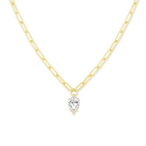14K Gold Plated Paperclip Chain Necklace, 5A Cubic Zirconia Solitaire Pendant Necklace for Women - color: Pear Drop