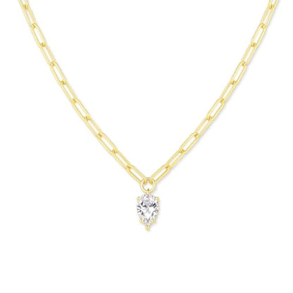 14K Gold Plated Paperclip Chain Necklace, 5A Cubic Zirconia Solitaire Pendant Necklace for Women - color: Pear Drop