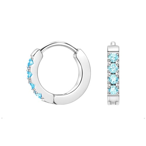 Birthstone Huggie Hoop Earrings for Women, Cubic Zirconia Small Hoops | 316L Surgical Steel, 18K Gold or Silver, 6-10mm, Hypoallergenic Waterproof, Cartilage Piercing, Birthday Gift - color: 03 MAR. Aquamarine - Silver, size: 7mm