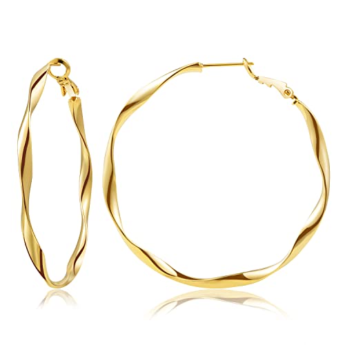 24K Gold Hoop Earrings for Women Trendy Real Gold Plated Twisted Thin Huggie Hoops, Dainty Cute Big Gold Filled Dangle Hoop Earrings Nickel Free Womens Earrings for Sensitive Ears Hypoallergenic - style: Gold 50mm