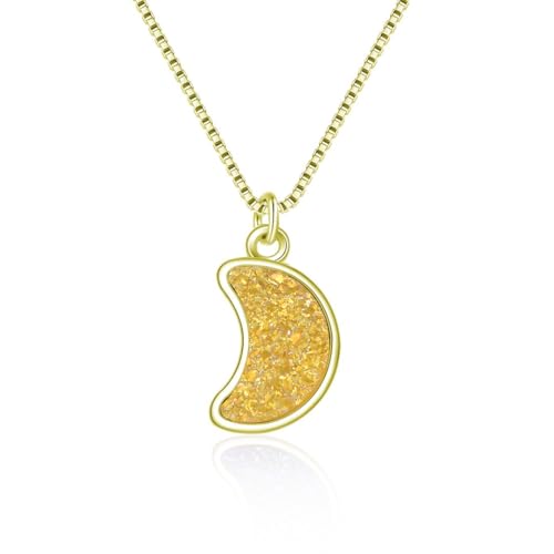 Adabele Natural Druzy Necklace Small Tiny Moon Gemstone Pendant 18 inch Sparkly Agate Stone Crystal Women Jewelry Tarnish Resistant Stainless Steel/Gold Plated Chain - color: Golden champagne druzy - gold plated